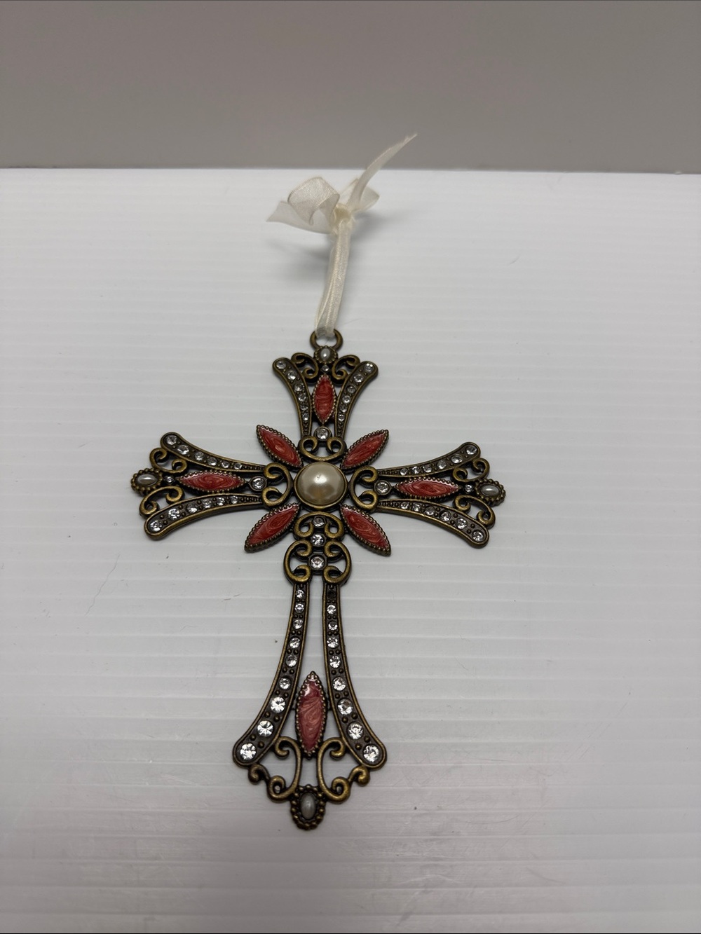 Beautiful Flower Filigree Jeweled Cross With Pearls And Jewels